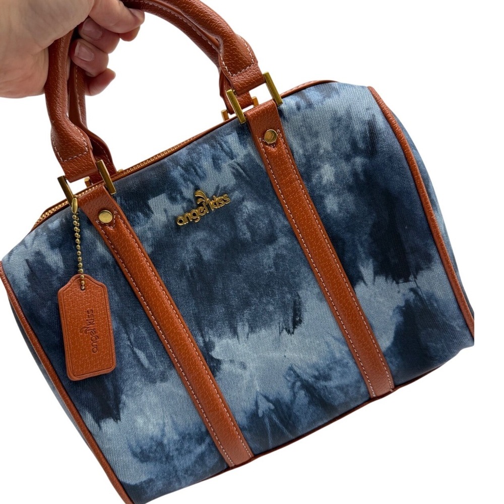 Angel Kiss Satchel Handbag Blue Tie Dye Denim Print Cognac Brown Trim Gold Tone - Picture 2 of 13